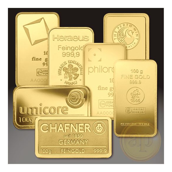 Más nemzetközi gyártó (C.Hafner, Heimerle, Heraeus stb.) aranyrúd, 100 gramm