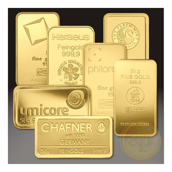 Más nemzetközi gyártó (C.Hafner, Heimerle, Heraeus stb.) aranyrúd, 50 gramm