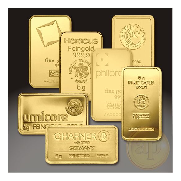 Más nemzetközi gyártó (C.Hafner, Heimerle, Heraeus stb.) aranyrúd, 5 gramm